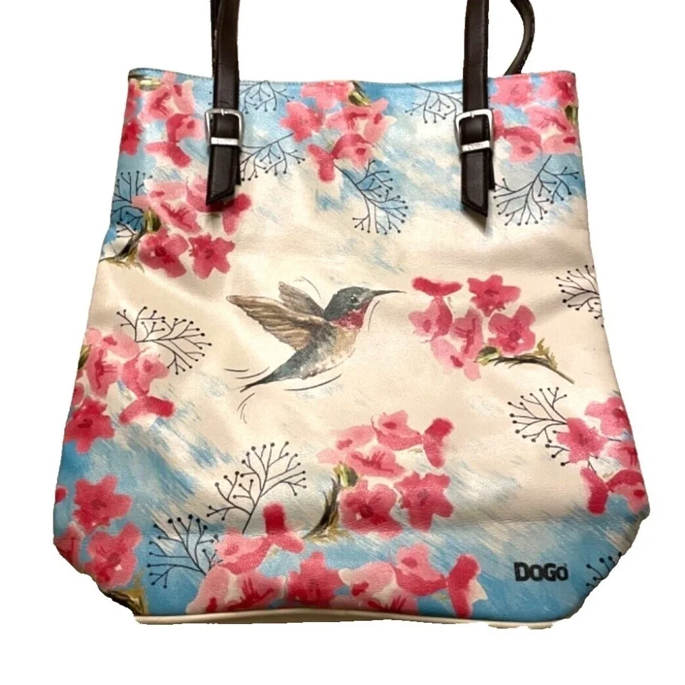 DOGO Vegan Leather Tote Bag; Hummingbird/Cherry‎ Blossoms; long straps
